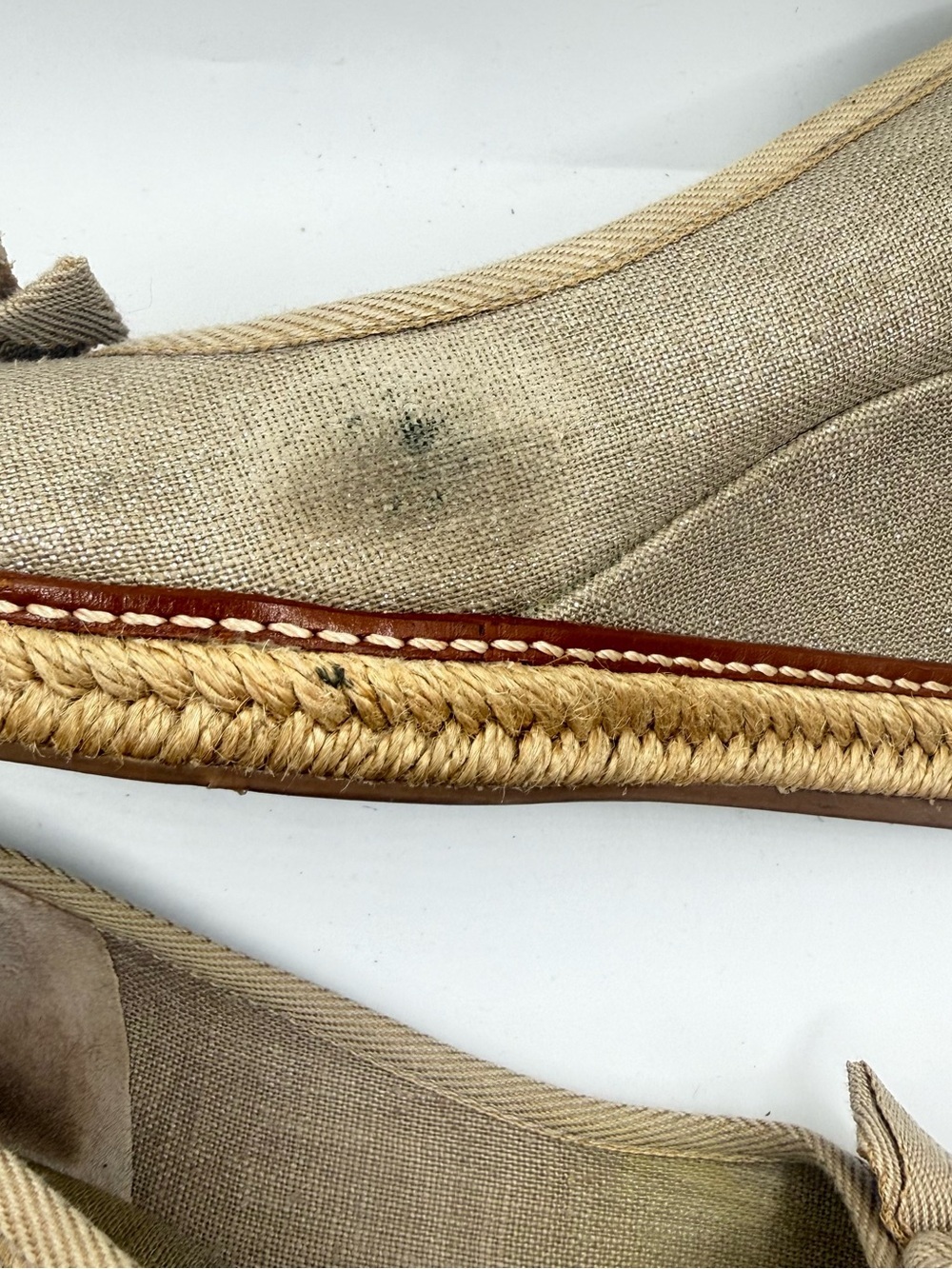 Tory Burch Tan Linen Wedge Espadrilles with Bow and Gold Logo - Picture 10 of 12